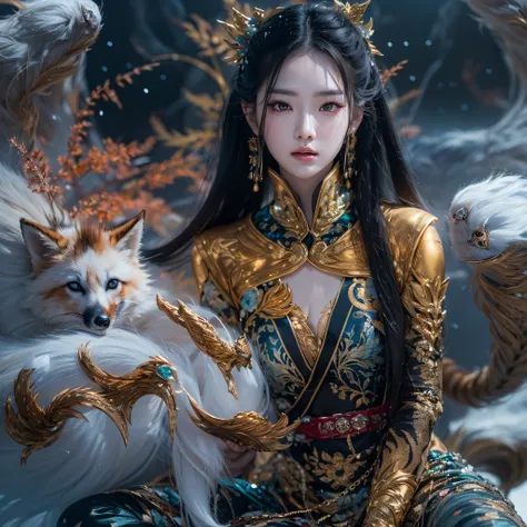 flying nine-tailed light blue sky division flame long-haired fox star，een erotica，torch night black golden orange brocade silk s...