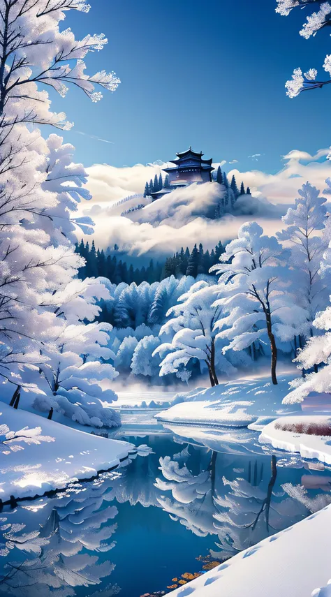 masterpiece、top-quality、a hyper-realistic、photorealsitic、the beauty of the frost on the trees of the snowy mountains in the midd...