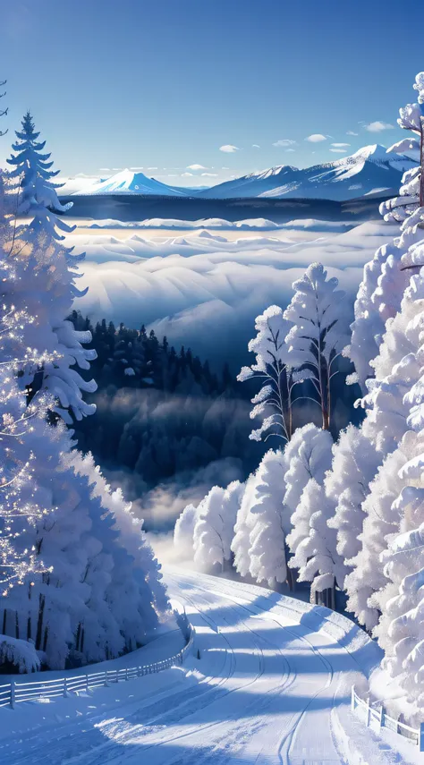 masterpiece、top-quality、a hyper-realistic、photorealsitic、the beauty of the frost on the trees of the snowy mountains in the midd...