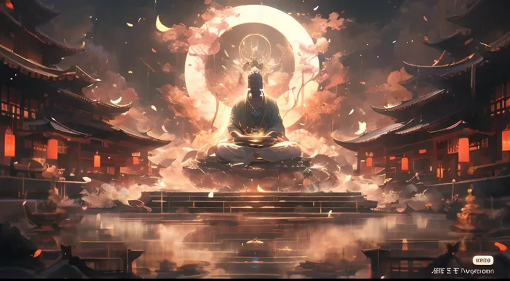 anime big breast, A man sits in a lotus position in a temple surrounded by fire, zen méditation cyberpunk, floating in a powerful zen state, by Yang J, zen aesthetic, Zen temple background, sitting on a lotus flower, zen atmosphere, Beautiful digital artwo...