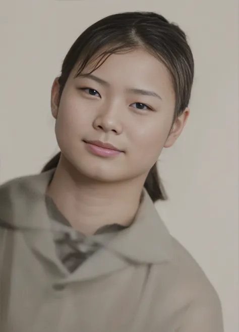 Portrait of a 16-year-old Chinese girl，petty eyes，Face emaciation，without a beard，Good facial features，Symmetrical facial features，The ears are symmetrical and clear，Ultra-clear and realistic facial features，The hair is naturally harmonious and true，He wea...