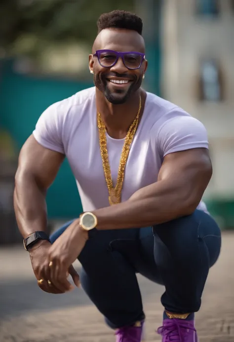 a Disney Pixar 3D style of a strong, athletic 40-year-old black man, brown eyes, short hair shaved on the sides with a wet look and quiff, square glasses, t-shirt, jeans, white sneakers, smiling in a dynamic pose, vibrant colors, purple and yellow, infinit...