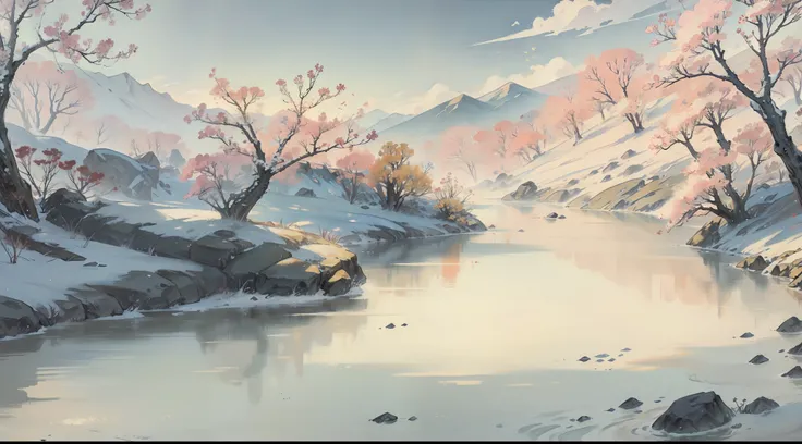 A beautiful Chinese landscape painting，springtime，full of life