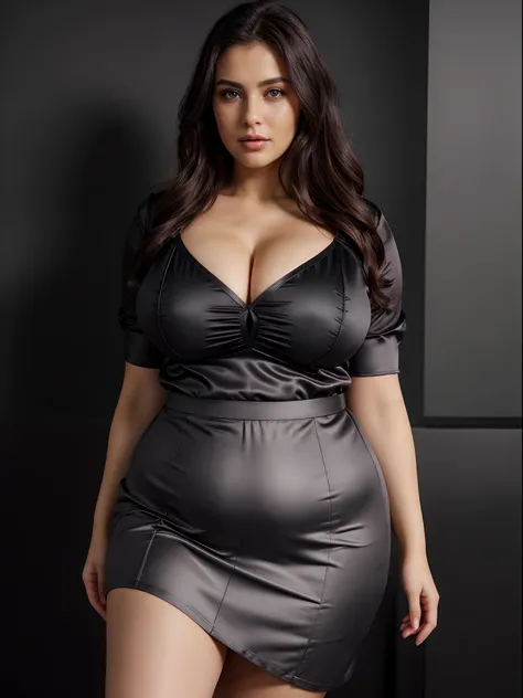 an infian woman bbw, in a pink satin and black skirt posing for a picture, gigantic breast:1.5, huge breast, chubby body, curvy body, wearing a blouse, office clothes, dressed in silk, wearing in shirt, wearing tight shirt, satin, wearing tight simple clot...