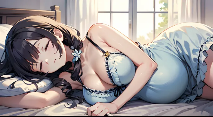 Beautiful, masutepiece, Best Quality, ultra-detailliert, 1 adult woman,  on the bed, on side, Pregnant,　frilly dress,　Long hair,　twin drills,　Black hair,　Hair Ribbon, huge breasts,　sleeping,　Closed eyes,　lying.