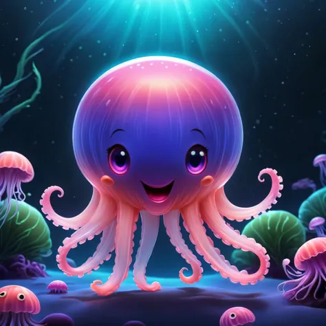 comic (digital artwork:1.3) of (illustration:1.3) a cute jellyfish with a pink face and eyes, cute 3 d render, adorable glowing ...