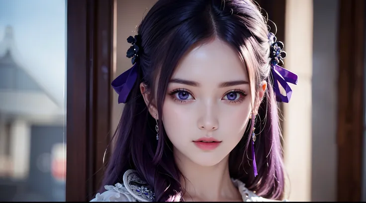 Transport yourself to a world of fantasy and wonder, where a lone figure stands against a stunning facade. The solo girl, with her purple blue hair and piercing purple eyes, exudes power and strength. The close-up shot captures every detail, from the intri...