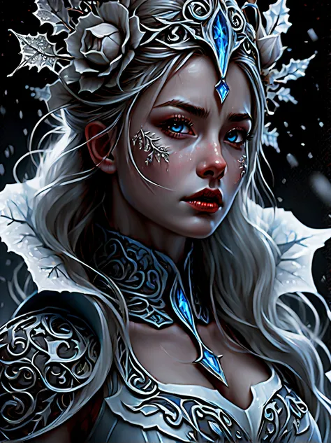 (((stunning intricate detailed Rim-Ice Ivy and the weird flower which were wound around illustration:1.5))), prepare to be amazed by this stunning illustration of a godly and sacred beauty snow-crafted-hair and rim-ice-craft-face, emerging from the frozen ...