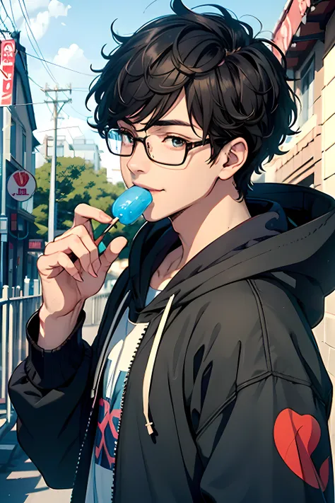 Handsome Anime boy, black curly hair, glasses, smiling, blue hoodie, eating a loilpop, looking bored, (1boy), high quality, Anime style