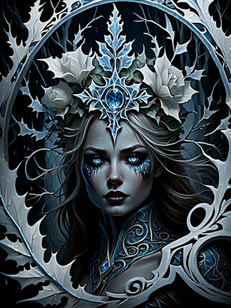 (((stunning intricate detailed Rim-Ice Ivy and the weird flower which were wound around illustration:1.5))), prepare to be amazed by this stunning illustration of a godly and sacred beauty snow-crafted-hair and rim-ice-craft-face, emerging from the frozen ...