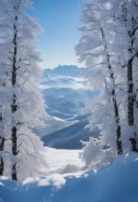 masutepiece、top-quality、A hyper-realistic、Photorealsitic、ultra-detailliert、(((Trees on snowy mountains in the middle of winter against the background of azure sky々The beauty of delicate ice crystals and snow that arrives throughout))):1,9、((Thick fog flowi...