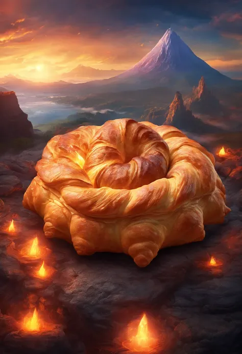 croissant fantasia, Luminismo, maya render, Cores de fogo, (Derretimento da lava), Extravagant volcano background, (8k, best quality, master part:1.2), (Realistic, photo-realistic:1.5),((ultra-detalhado))