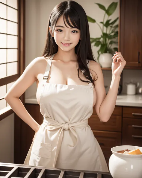 (Raw photo:1.2),top-quality,Beautiful detailed girl,Apron,Smile,Young woman with dark hair,waved hair,Highly detailed eyes and face,Beautiful detailed eyes,with round face,japanes,goddess of Japan,,hight resolution,ighly detailed,16yo girl,sexy  pose,(phot...