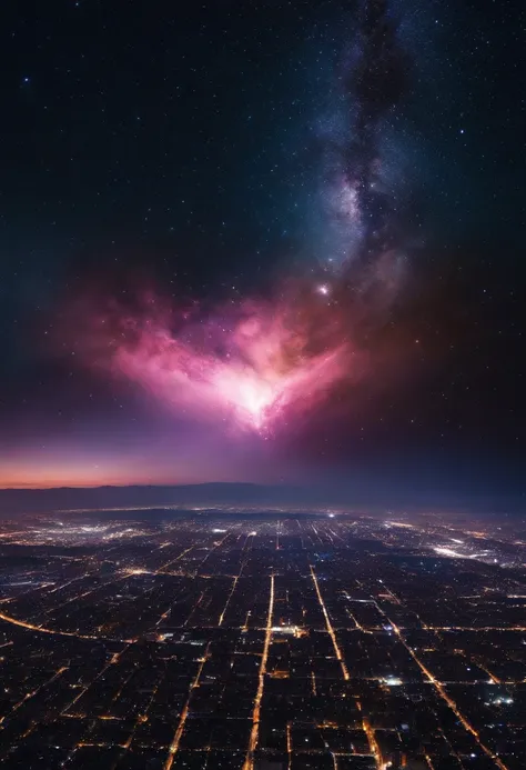 Night sky of a city, with one hand in the background, Cosmic Explosions, creation of the universe, nebulosas, quasares, azul, roxo, rosa, galaxy collisions, estrelas, Unexplained Universe