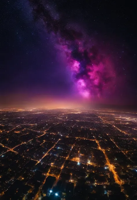 Night sky of a city, with one hand in the background, Cosmic Explosions, creation of the universe, nebulosas, quasares, azul, roxo, rosa, galaxy collisions, estrelas, Unexplained Universe