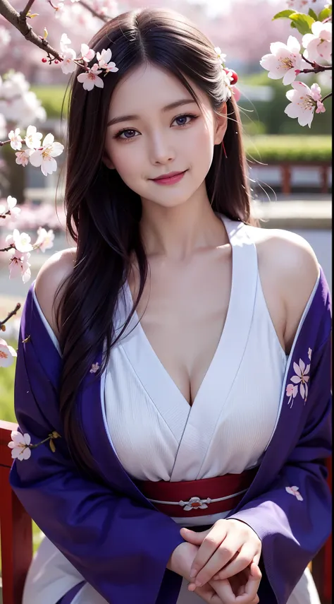 （masterpiece, Need,1girll, Solo, Intricate detail, Up view, color difference), real photo,(front), (shoulder cut), slit, Close-up, smile, Enhance sexy look,Yae Miko, Purple blue hair, purple blue highlights, purple eyes, sharp look, perfectly symmetrical f...