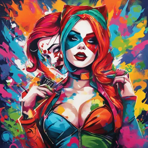 painting of harley quinn and Poison Ivy. With bright colors, a pop art painting by Kubisi art, behance contest winner, figurative art, fauvism, pop art, Oil painting bright colours using a pallet knife