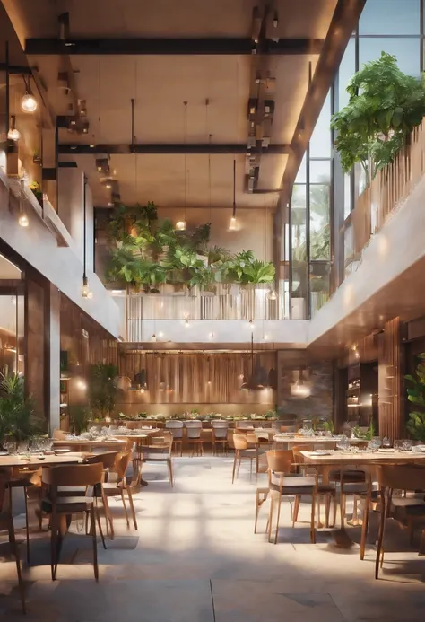 planta baixa de um restaurante moderno, contemporary, jovem, of 120m2 with space divisions, in high resolution 4K