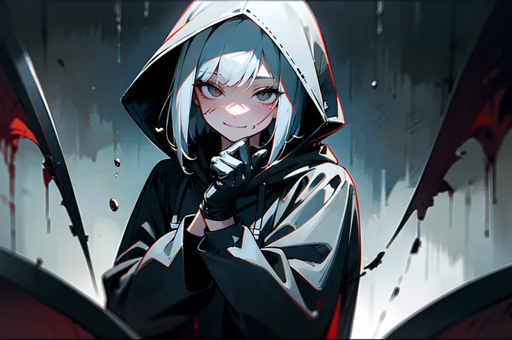 Blood droplets、girl wearing hoodie、Wearing black leather gloves、(Wearing a hood:1.2)、Silver-haired short bob、Angelic uncomfortable smile、Devils Claw、Mass killings、Killer、Slasher、Psychopaths、extra detailed face、Super detailed illustration、Raw photography、De...