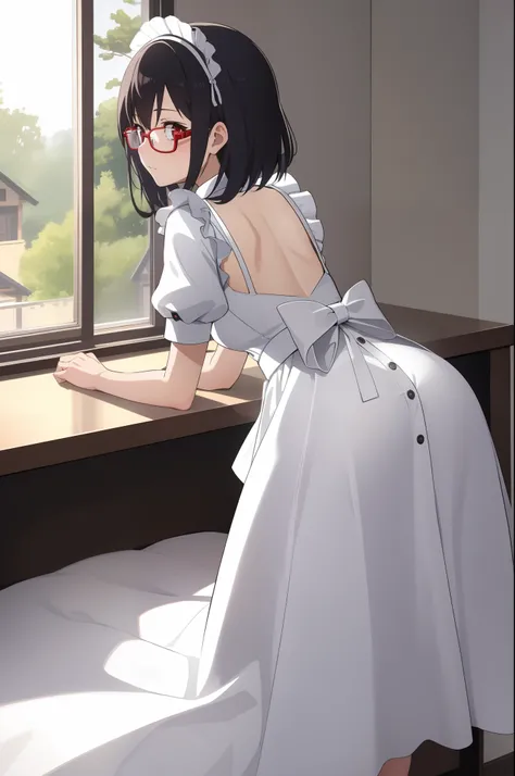 (masutepiece, top-quality, Ultra-Details), 1girl in, maid_Dress, from behind, pov from back, Glasses, white  shirt, By the window in the room, short bottom, bent over