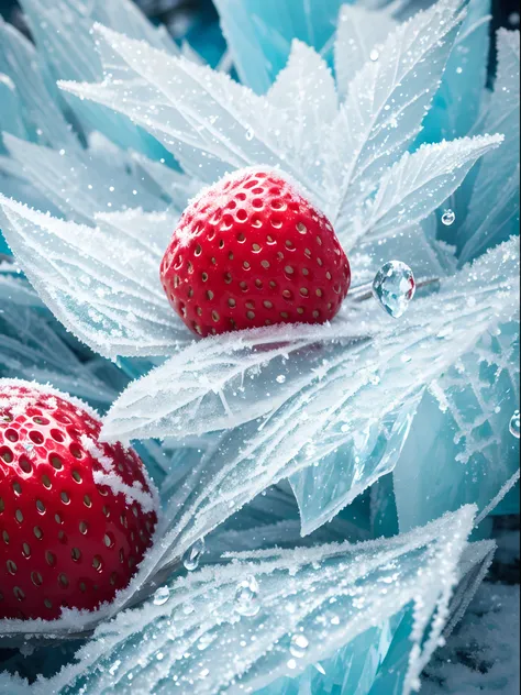 (close-up),(photorealistic),(strawberry),(covered in),(rime ice),(detailed texture),(shiny red surface),(frozen),(crystal-like appearance),(glistening),(delicate frost),(frosty),(translucent),(high-resolution),(ultra-detailed),(fine details),(realistic),(v...