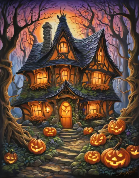 Immerse yourself in the enchanting world of witches with this captivating painting featuring a mysterious witchs cottage hidden deep in the woods. The composition showcases the twisted trees and glowing jack-o-lanterns that surround the cottage, evoking a ...