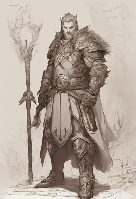 Game Standing Character Drawing Design，Orc Symbarum，leather armour，Fur shoulders，Thick limbs，Strong muscles,，bare footed，Holding a huge barbed stick in his hands，Overlay different layers，Different angles，（full bodyesbian：1.4），Plain background，clean backgro...