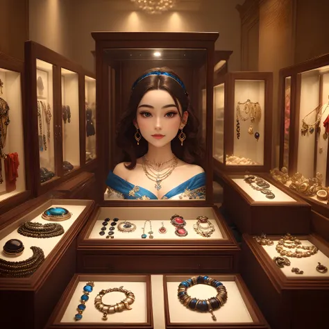 A stunning collection of maritime jewelry, with necklaces, earrings, and bracelets crafted by Isabella, displayed in an elegant showcase.