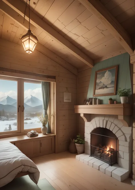 an inviting and cozy attic room, with beautiful windows that offer stunning views of snowy mountain ranges. A comfortable bed is placed in the center, creating a relaxing atmosphere. Adjacent to the bed, a fireplace adds warmth and charm to the room. On on...