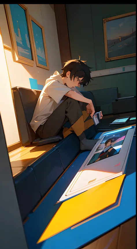 tells the story of a teenage boy who was a successful smartphone designer at a young age, in front of a tablet while working on an editing project at his studio, 3D animation. Masterpiece, best rest,best quality.