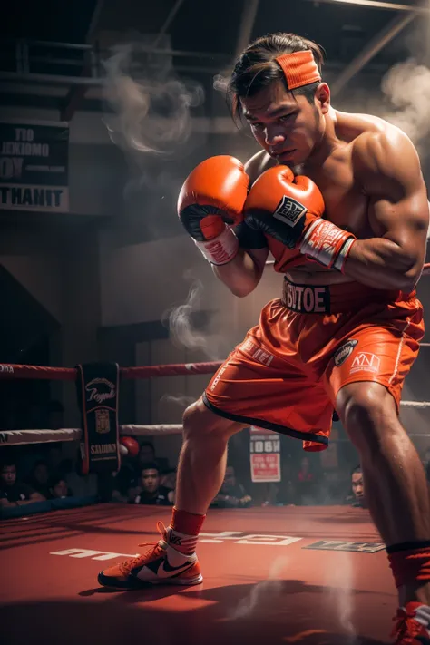 Prabowo Subianto, very realistic, lifelike textures, dramatic lighting, Nikon RAW photos, 8k, Fujifilm wearing clothes, standing, (boxing gloves:1), (boxing ring), orange boxing clothing, dramatic and action effects, smoke effects, dramatic lighting,