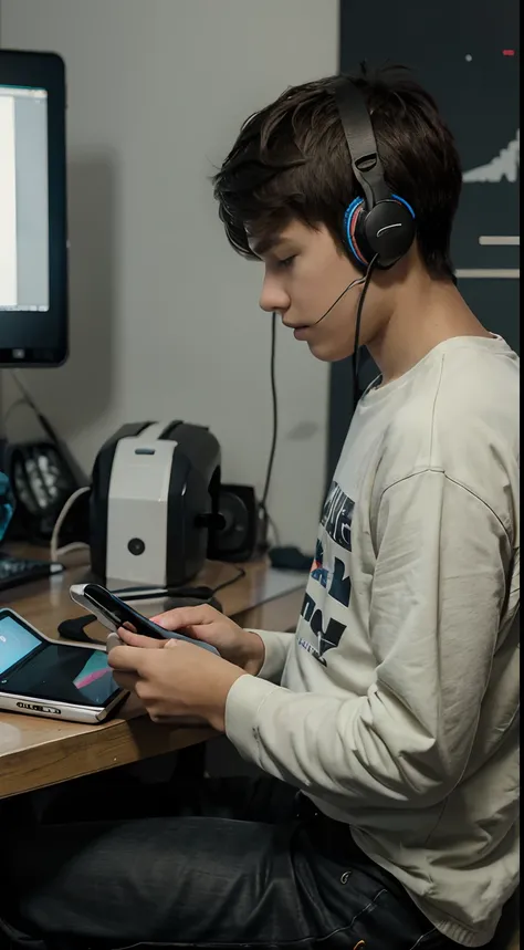 a teenage boy who was a successful smartphone designer at a young age is using a headset in front of a tablet while working on an editing project in his studio. masterpiece, best quality.