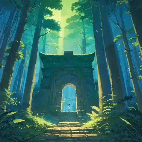 Nestled deep within a dense forest, ancient ruins stand tall and mysterious under the cloak of night. The ruins are remnants of a long-lost civilization, with weathered stone walls covered in moss and ivy. Moonlight filters through the canopy of trees, cas...