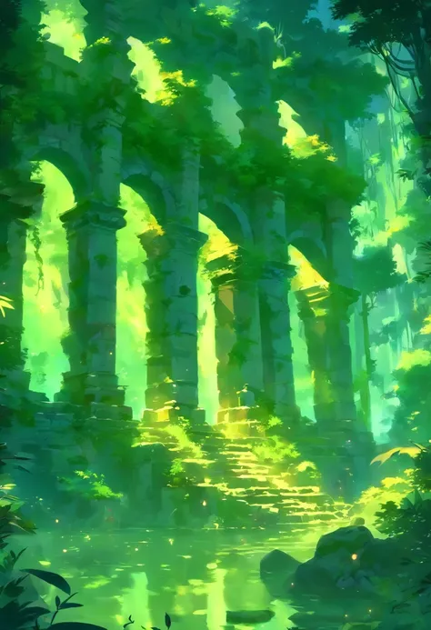 In the heart of a dense forest, ancient ruins emerge from the shadows, bathed in the soft glow of moonlight. The ruins are a testament to a forgotten era, with towering stone pillars and intricate archways that have stood the test of time. Vines and ferns ...