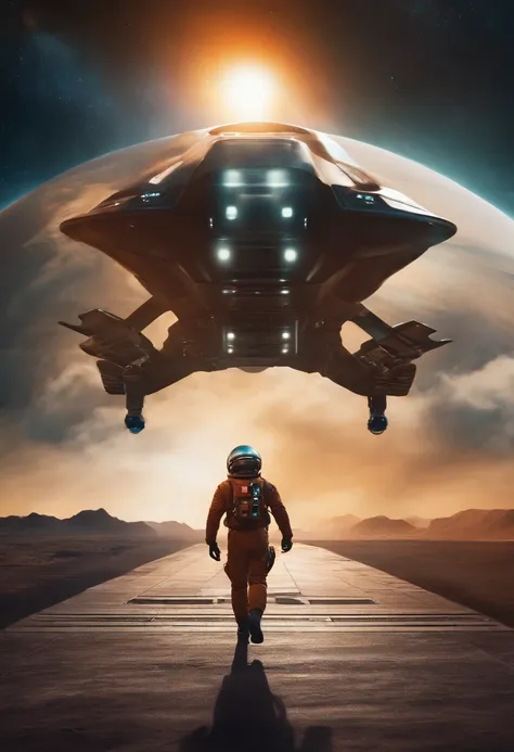 Spaceship pilot running across a landing bay to his spaceship, helmet in hand