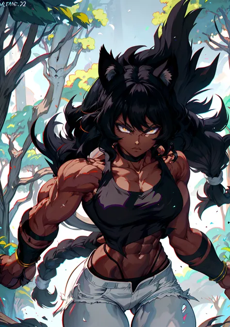 muscular ebony skinned blake belladonna in a martial artist combat pose while being in a forest, powering up, with long black ha...