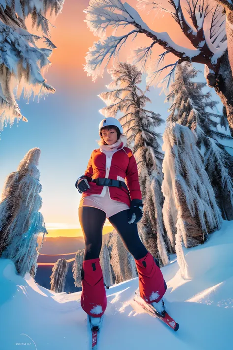 photo, photorealistic, photorealism, full body shot, wide angle, female busty skier wearing skiwears, fully clothed, gigantic br...