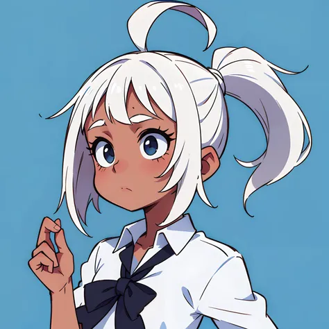 petite girl,dark-skin,White hair gathered in 2 ponytails,Light Blue Galza,high school uniform,White Noses,black collar