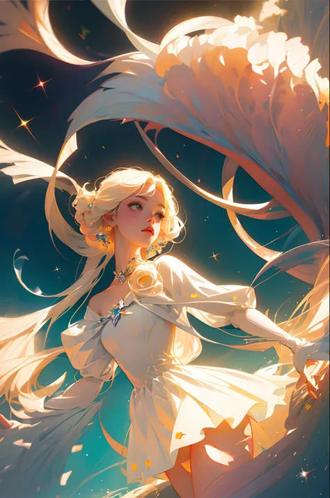 Semi-realistic anime photos, High quality, Fairies falling from the sky, Translucent with multicolored glitter, White Dress, Symmetrical face, the golden hour, Soft, Focused, Highly detailed, hyper realisitic, Dramatic Lighting, Elegant, Convoluted, Concep...