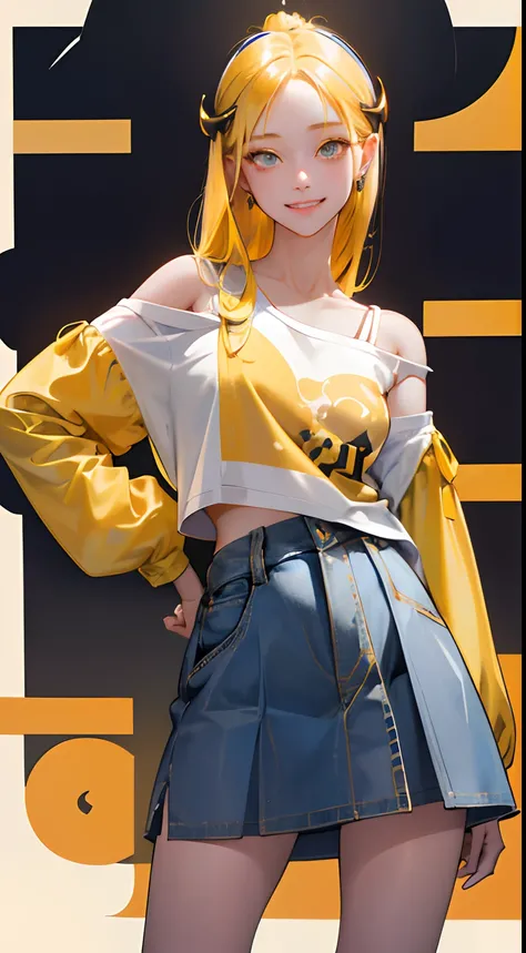 absurdres, highres, ultra detailed, 1girl, solo, extremely detailed eyes, Gold-colored hair) , (straight waist-length hair) ,she is wearingMechanical style t-shirt showing off waist in Mikado yellow and Dark Indigo colors, off-shoulder t-shirt, long sleeve...