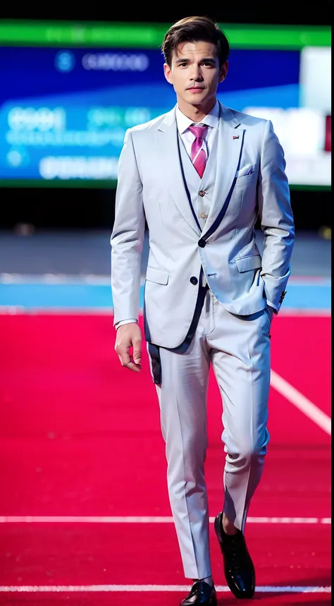 1 man, suit, hands behind back, looking at viewer, 8k, brown hair, elegant, football field, mature face, full body,Nearly 35 years old