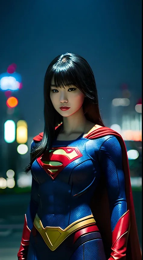 top-quality, ​masterpiece, (Photorealsitic:2), 超A high resolution, high-detail, A hyper-realistic, 1girl, japanese beautiful woman,realistic skin textures,Supergirl Suit, Superman Logo, A dark-haired,  Slim body,full-shot, Standing Pose, frombelow, looking...