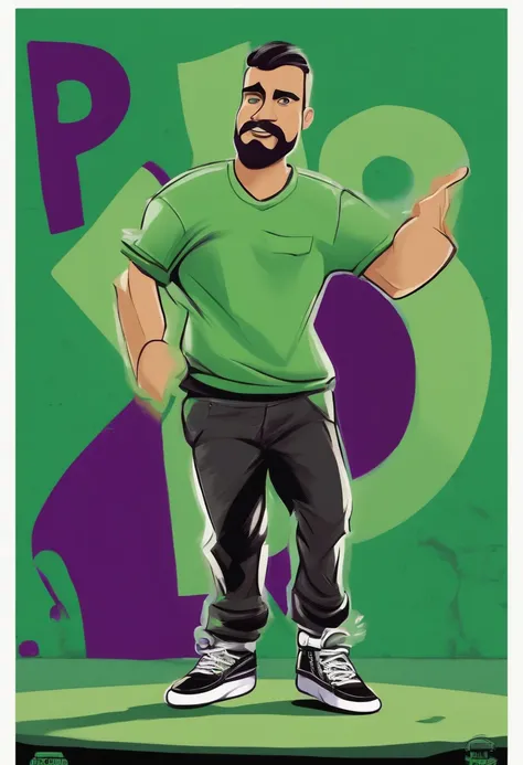 Make a Pixar-style poster. The character is a young white man, with his hand making a rock in roll symbol, and a tattooed arm, he has a black goatee and mustache, a straight brim cap, new era style, with the letter P in light green and a large hip style sh...