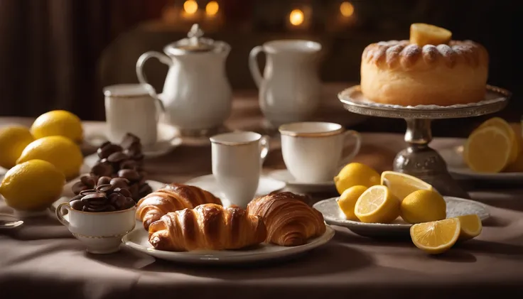 (master part), fotografia hiper-realista impressionante, top angle, Extremely Detailed Portrait Ultra realistic color photo portrait taken by professional photographer of a beautiful French pastry table on a beautiful set of porcelain plates, Croissant de ...