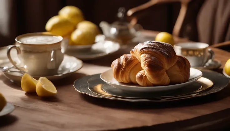 (master part), fotografia hiper-realista impressionante, top angle, Extremely Detailed Portrait Ultra realistic color photo portrait taken by professional photographer of a beautiful French pastry table on a beautiful set of porcelain plates, Croissant de ...