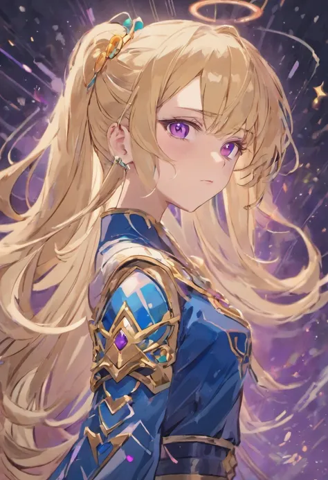 Long blond hair with slightly curly hair，Single ponytail，Purple eye，Dark blue crystal drop earrings，Starry gray paladin armor