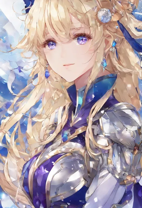 anime big breast，femele，Long blond hair with slightly curly hair，Single ponytail，Purple eye，Dark blue crystal drop earrings，Starry gray paladin armor