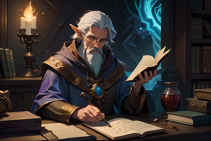 There was a man sitting at a table writing a book, an arcane wizard casting a spell, portrait of a mage, portrait of a forest mage, wizard sits reading at a desk, rpg book portrait, portrait of a young elf wizard, portrait of merlin, mohrbacher, hearthston...