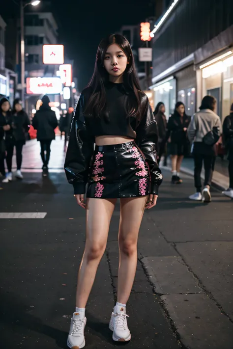 aesthetic, candid, jisoo blackpink wearing y2k outfit, fashionable, ootd, photogenic, pose, full body, 85mm lens, aperture f1.8, bokeh