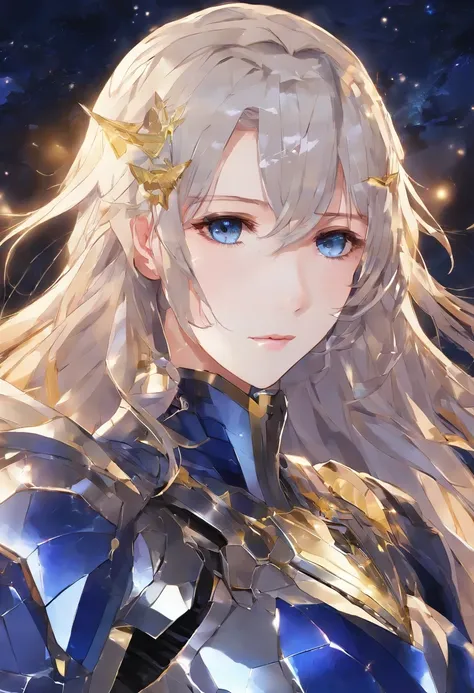 A girl with wavy blond hair, Purple eyes, and a dark blue crystal earring, Wearing the Sky Grey Knight armor suit, in an anime style. (Best quality, 4K, A high resolution, Masterpiece:1.2), Ultra-detailed, (Realistic, photo-realistic:1.37), hdr, Studio lig...